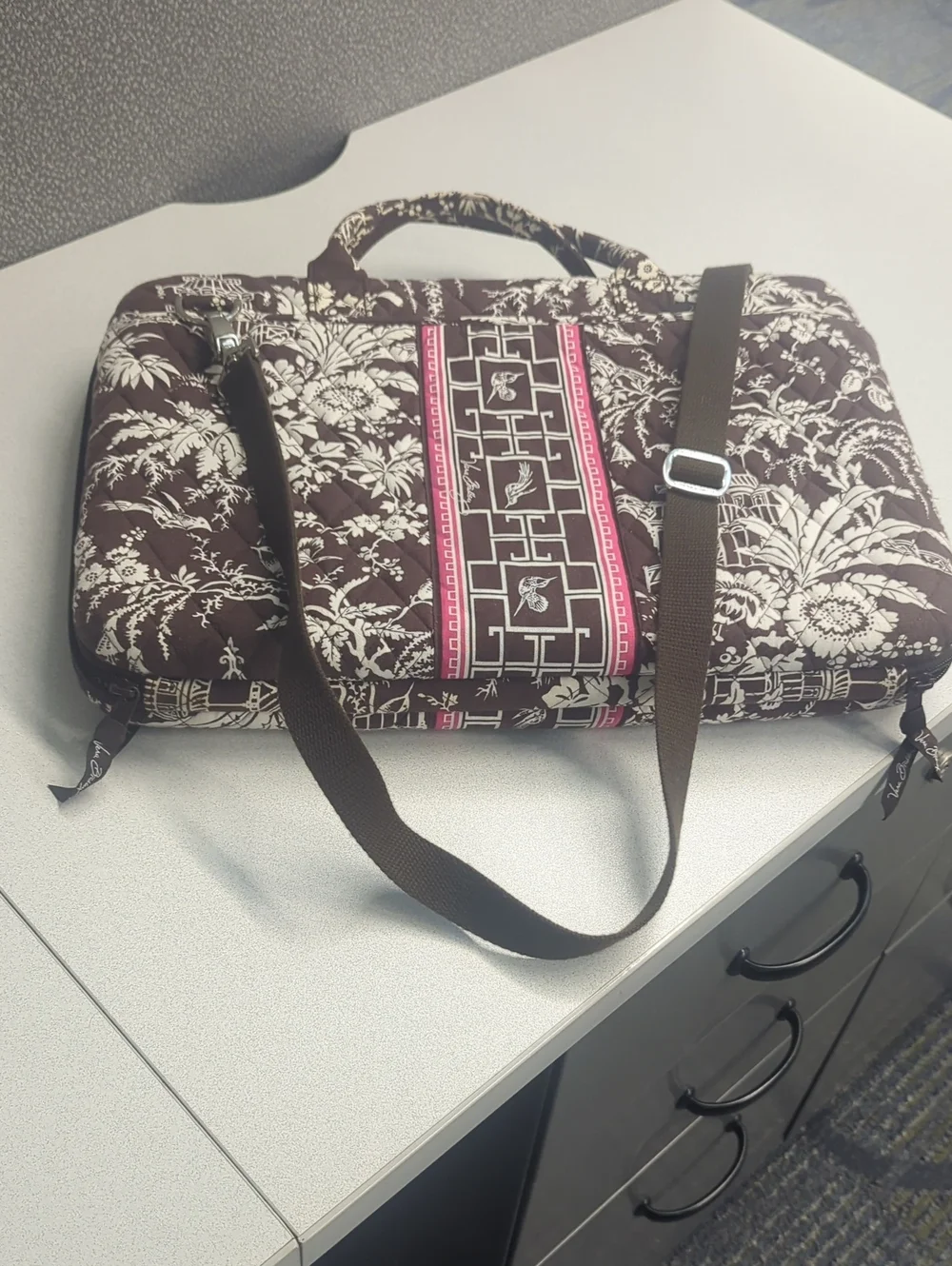 Vera Bradley Brown Quilted Laptop Bag with Pink Trim